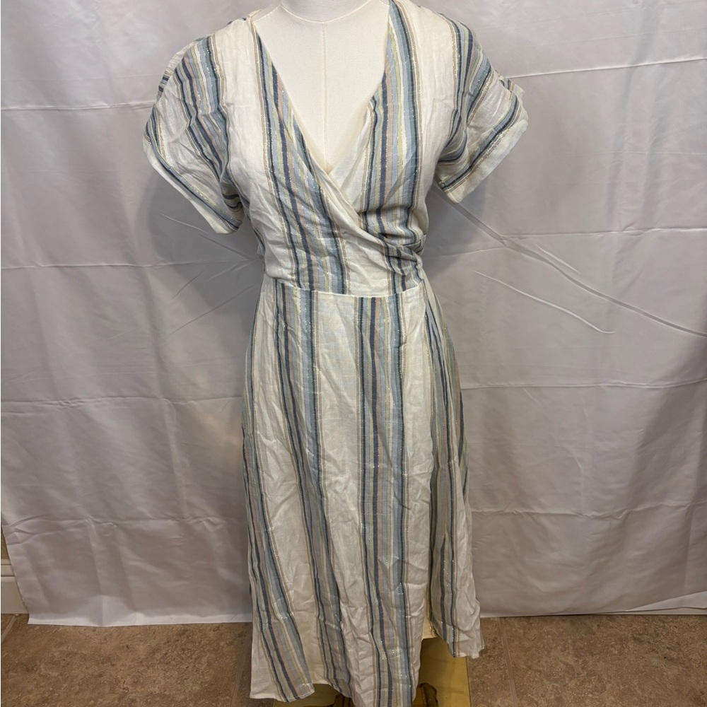 Forever 21 Striped Wrap Midi Dress Blue Cream Tie Back Size Small